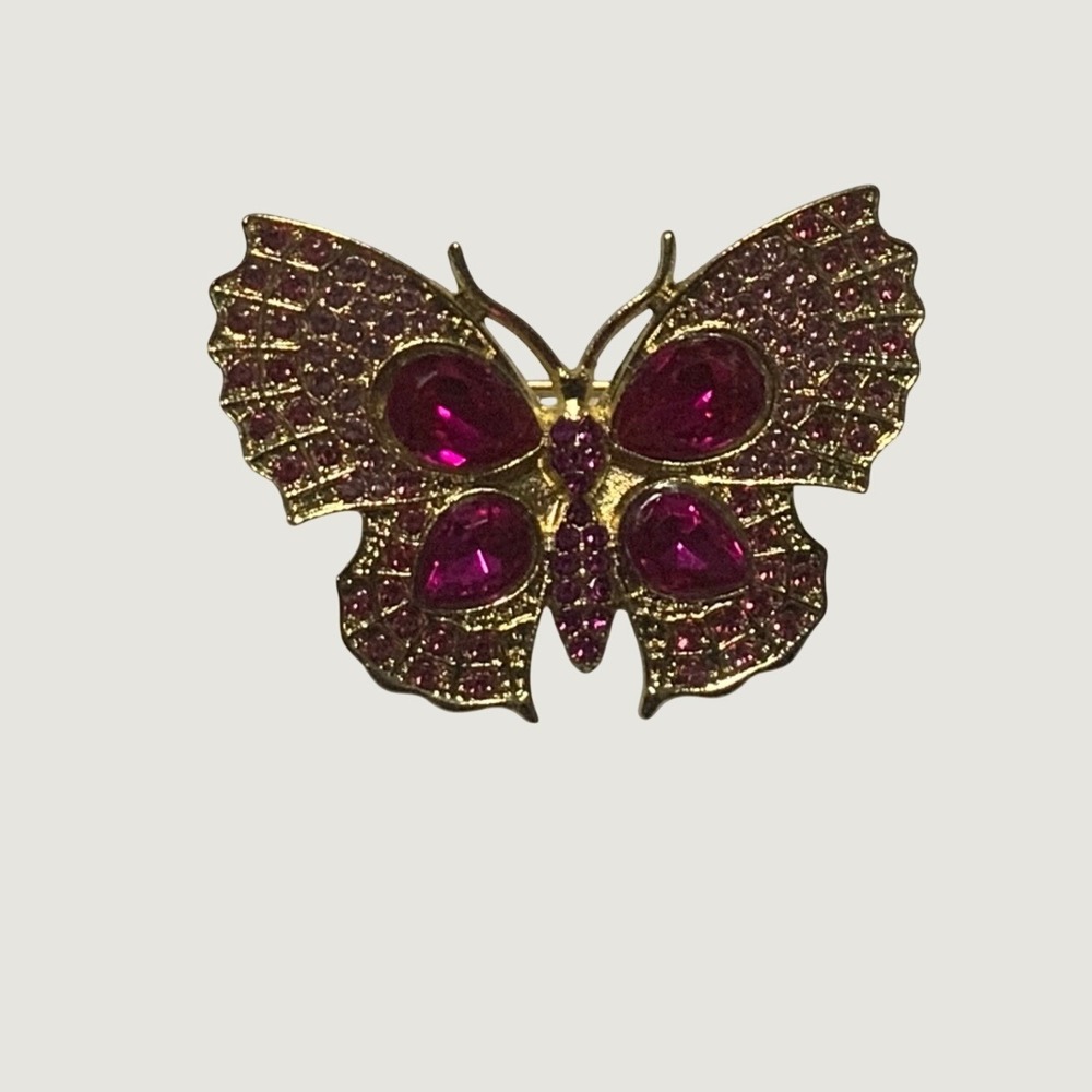 Vintage Gold Tone Pink Rhinestone Butterfly Brooch Pin Fuchsia Crystal Gemstone